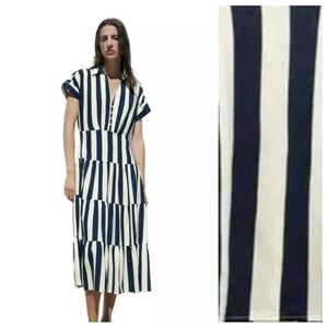 NWT. Zara Navy Blue/Cream Striped Linen Blend Midi Dress. Size L.